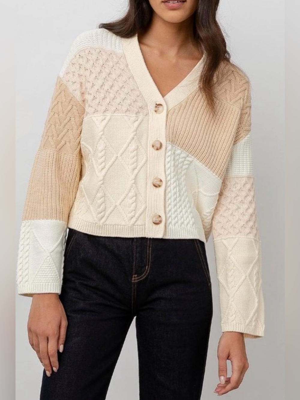 Rails Sz Medium Reese Cream Patchwork Cable Knit Cardigan Coastal Cottagecore